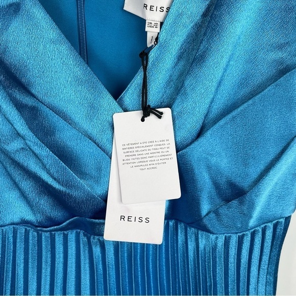 REISS ALICIA KNIFE PLEAT A-LINE V-NECK SHINY SATIN BLUE COCKTAIL DRESS - Picture 13 of 16